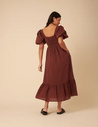 Brown Puff Sleeve Mimi Midi Dress