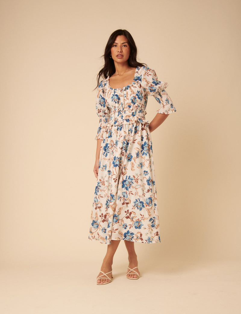 White Floral Ariel Midi Dress