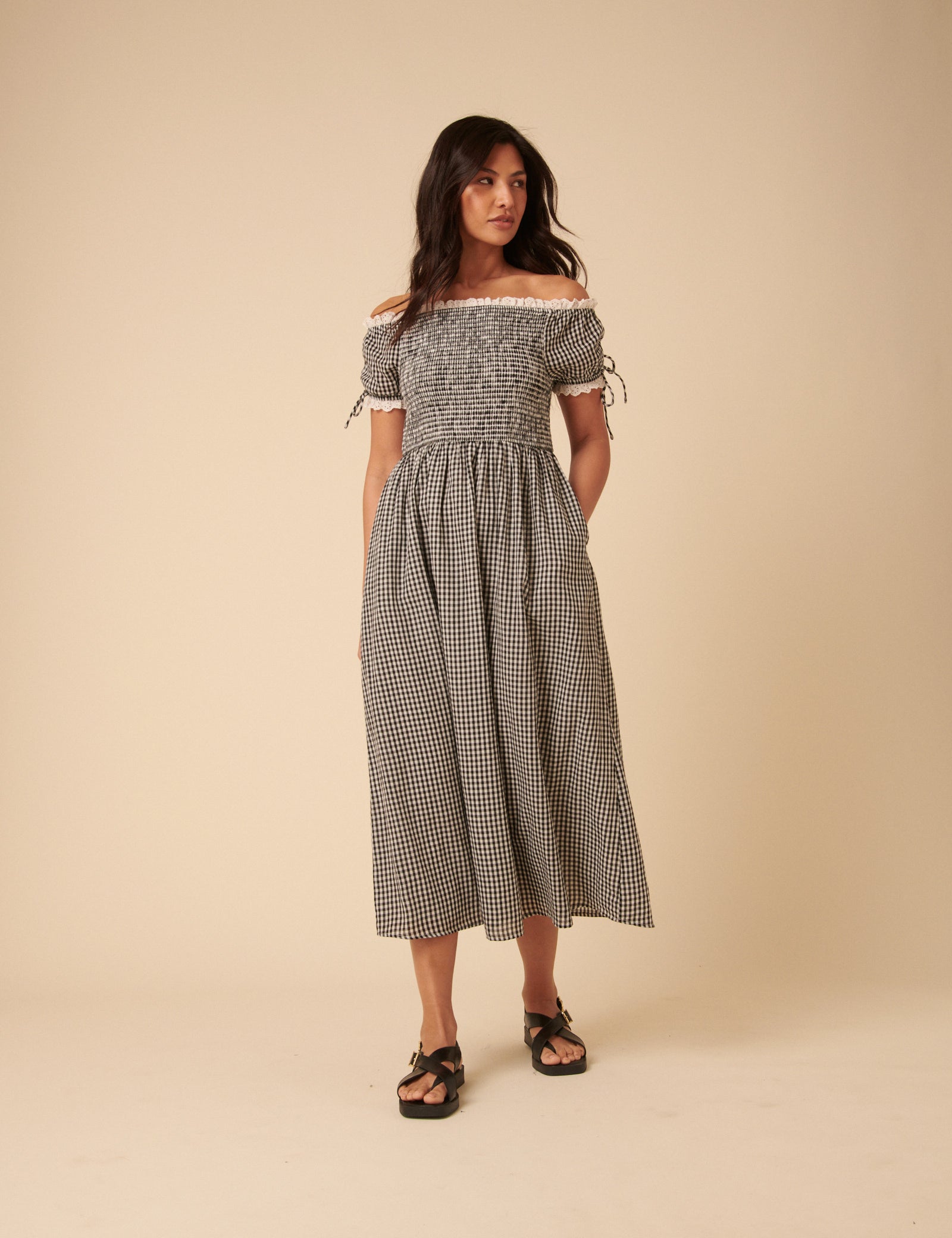 Black Gingham Bardot Adrianna Midi Dress Black Gingham Bardot Adrianna Midi Dress
