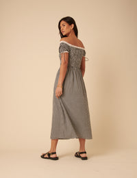 Black Gingham Bardot Adrianna Midi Dress