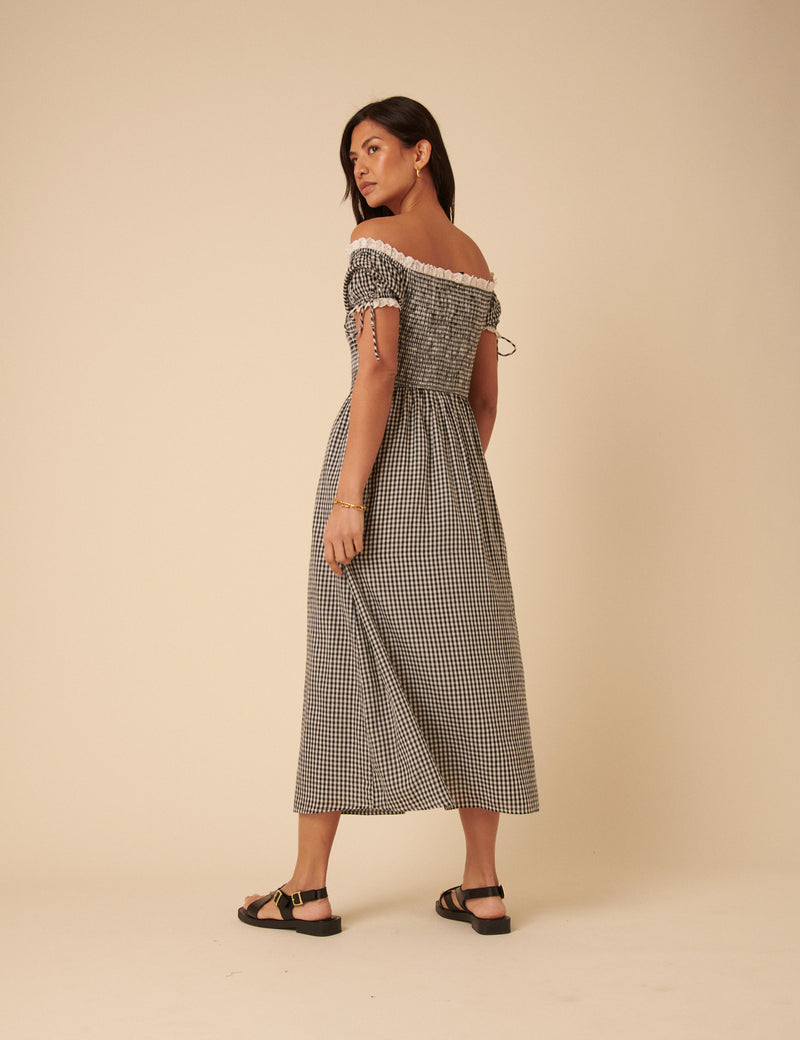 Black Gingham Bardot Adrianna Midi Dress