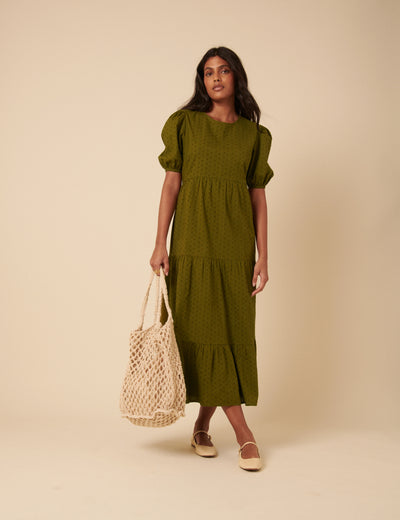 Green Spotty Puff Sleeve Betty Midi Dress