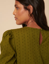 Green Spotty Puff Sleeve Betty Midi Dress