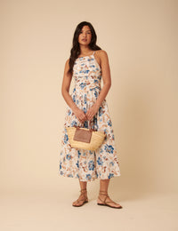 White Floral Ruched Talia Midi Dress