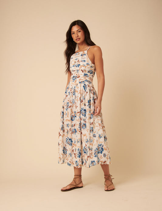 floral ruched midi dress White Floral Ruched Talia Midi Dress