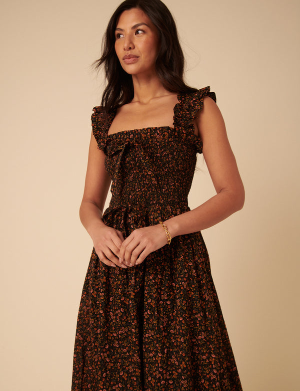Black Ditsy Floral Christina Midi Dress