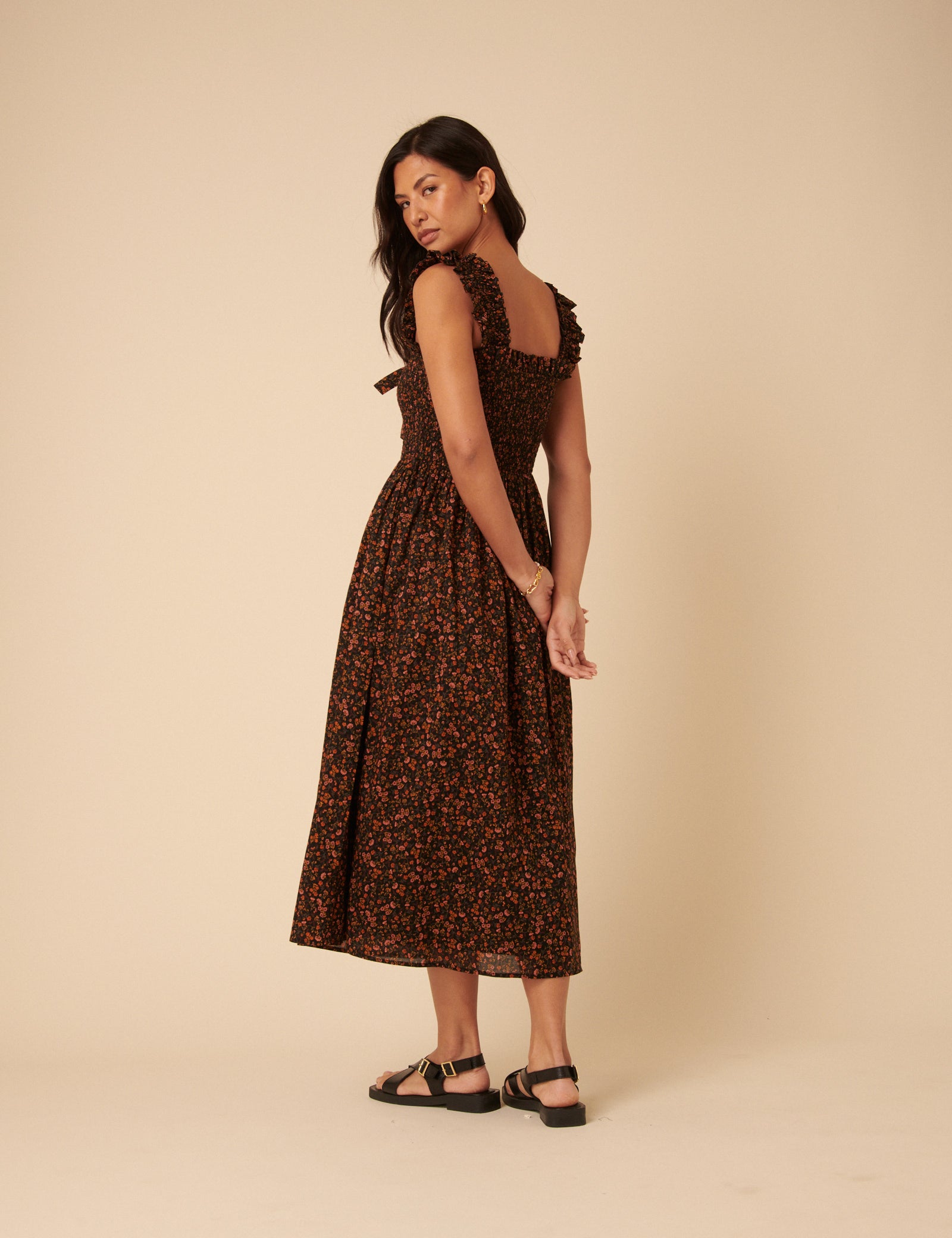 black ditsy midi dress Petal and Pup Women's Edwina Shirred Frill Long Sleeve Midi Dress