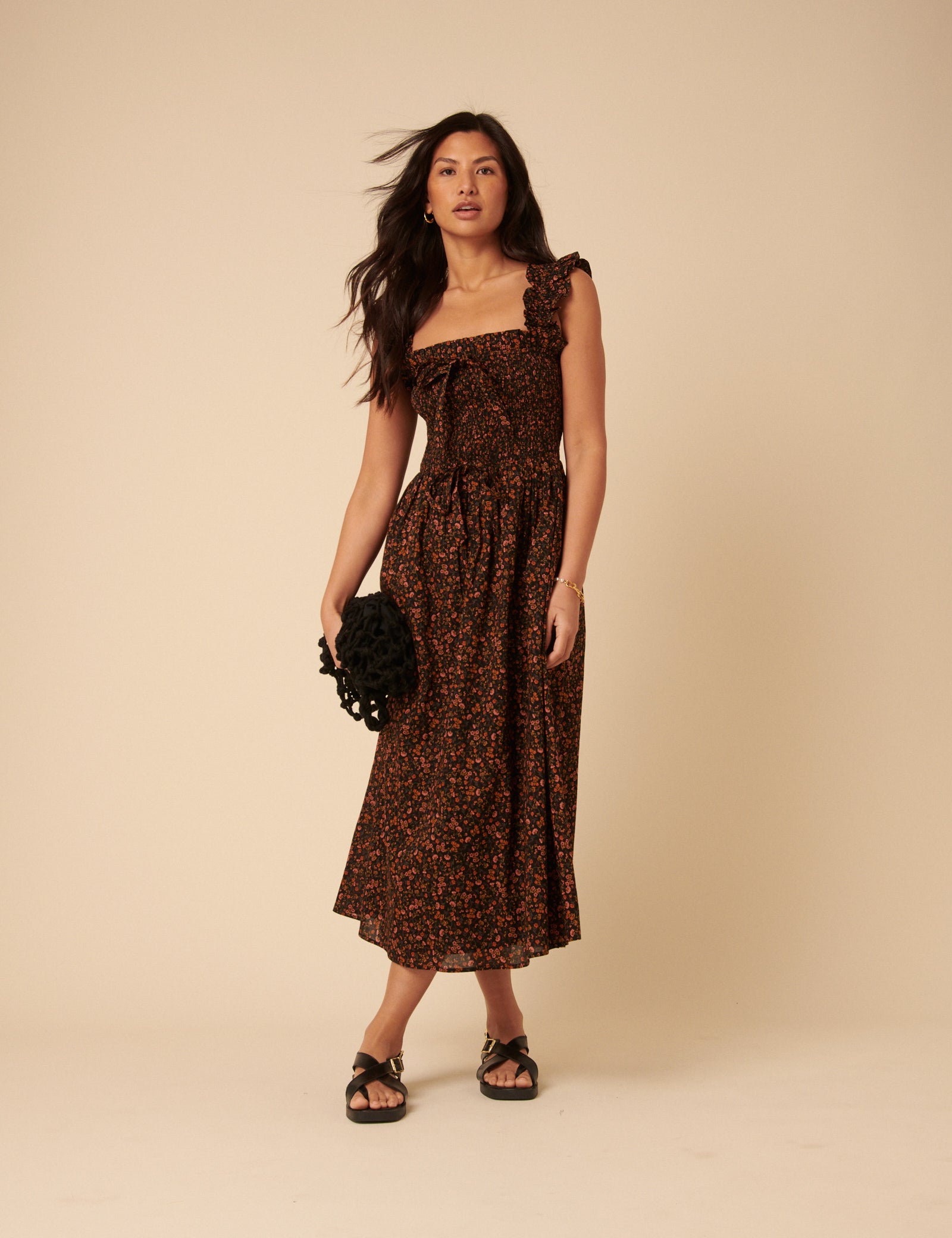 Black Ditsy Floral Christina Midi Dress