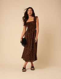 black ditsy floral midi dress Black Ditsy Floral Puff Sleeve Starlight Midi Dress