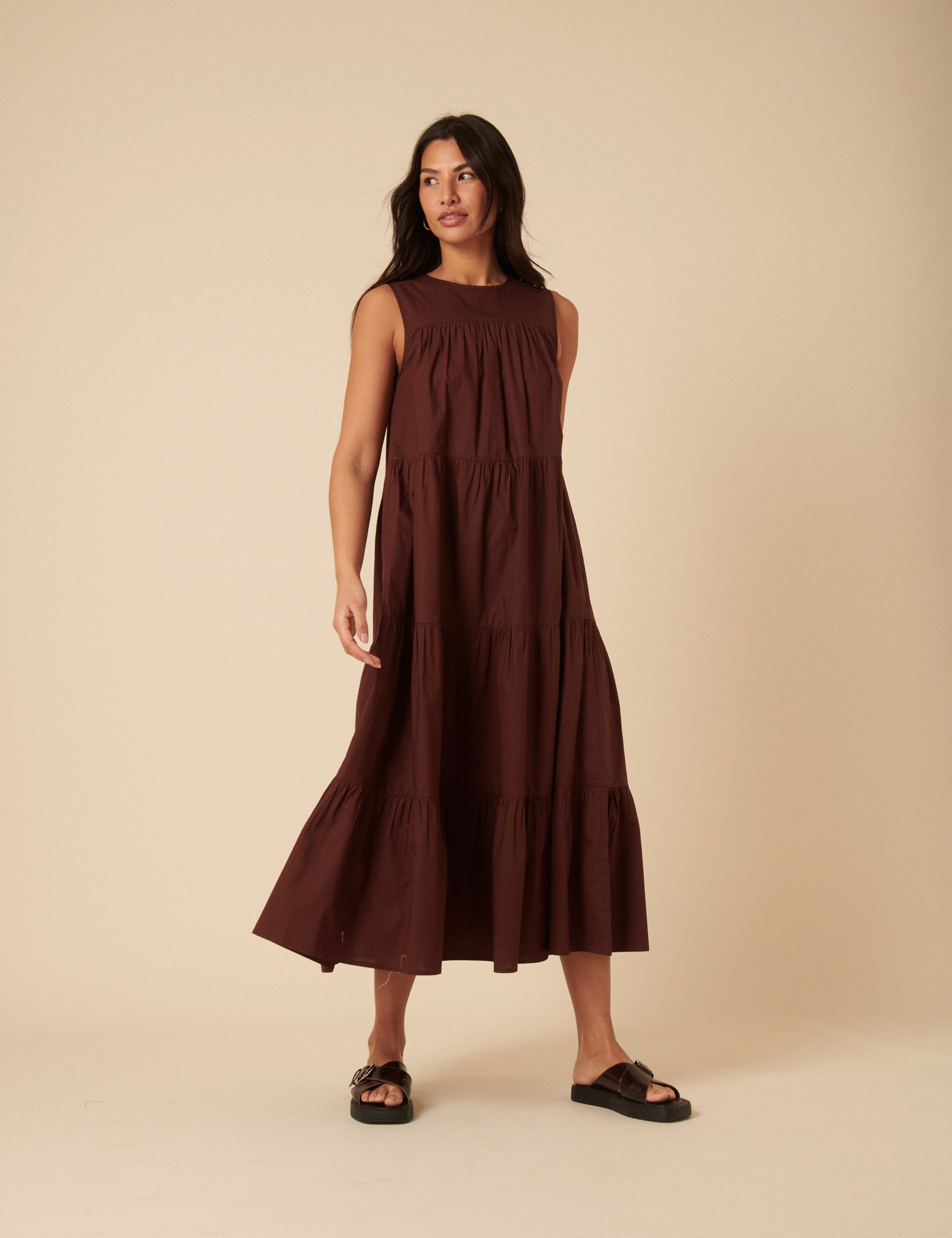 Brown Tiered Rosalind Midi Dress Brown Tiered Rosalind Midi Dress