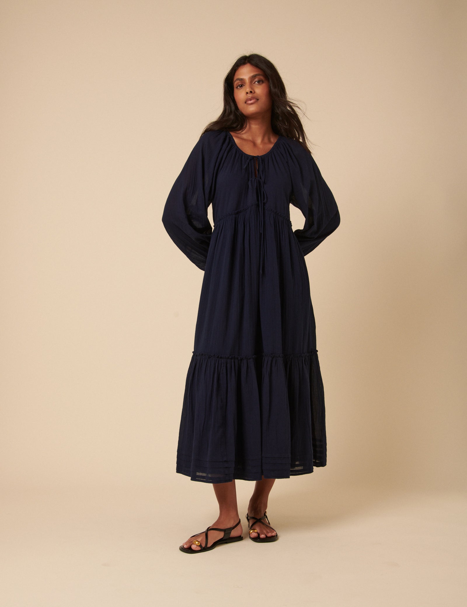 Navy Tie Front Tiered Adley Midi Dress Navy Tie Front Tiered Adley Midi Dress