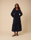 Navy Tie Front Tiered Adley Midi Dress