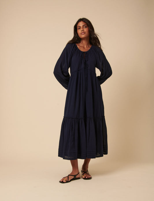 navy blue tie front dress Navy Blue Tie Front Dress with Contrast White Stitching
