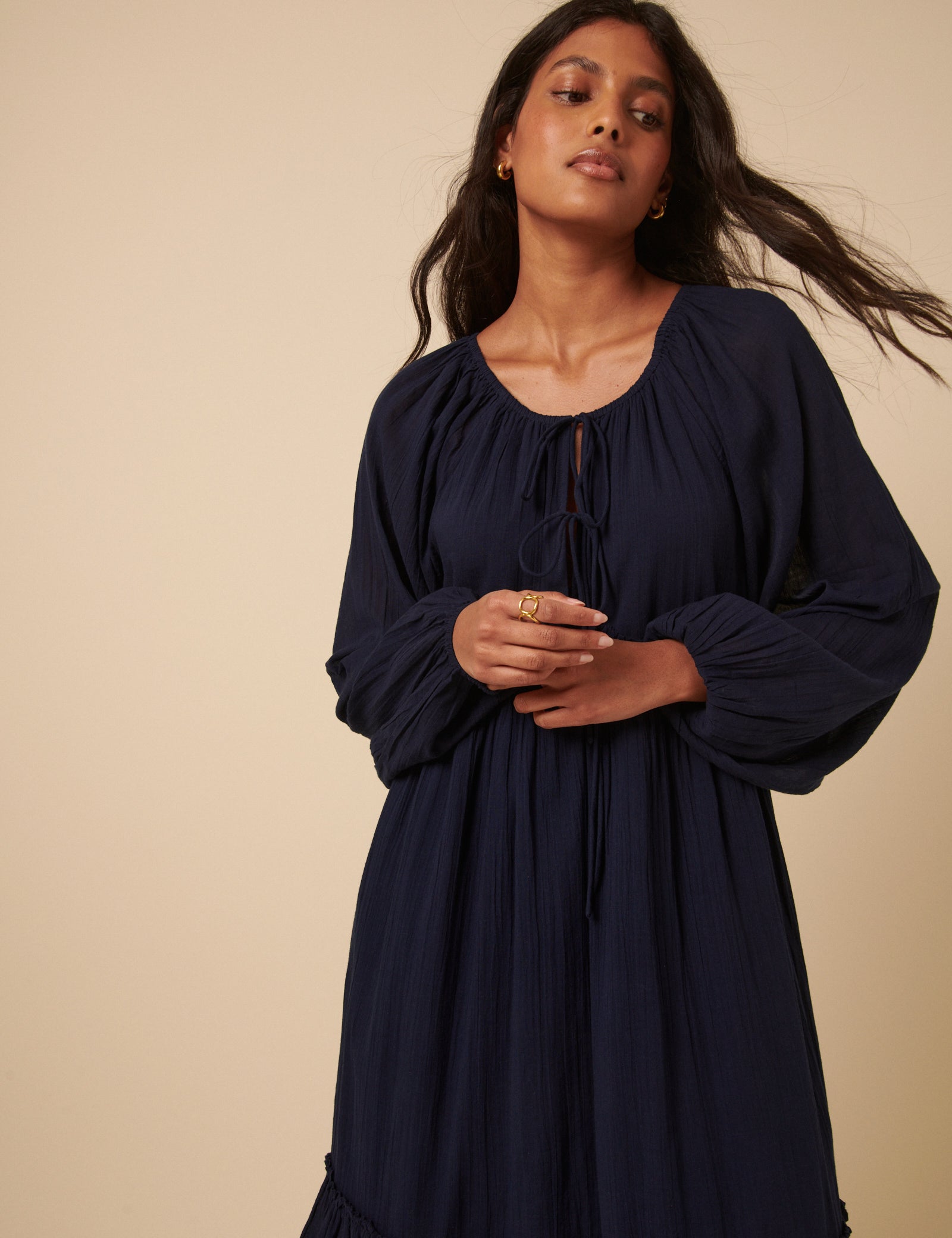 Navy Tie Front Tiered Adley Midi Dress Navy Tie Front Tiered Adley Midi Dress