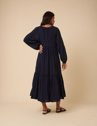 Navy Tie Front Tiered Adley Midi Dress