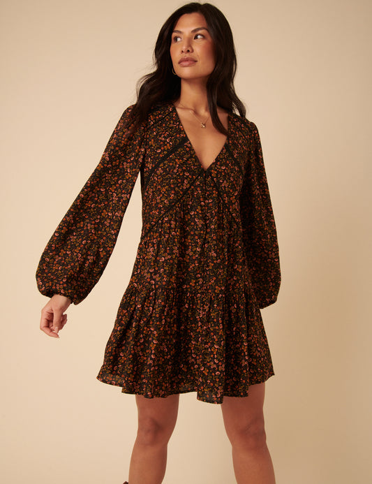 Black Ditsy Floral Long Sleeve Marley Mini Dress Black Ditsy Floral Long Sleeve Marley Mini Dress