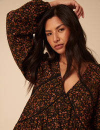 Black Ditsy Floral Long Sleeve Marley Mini Dress