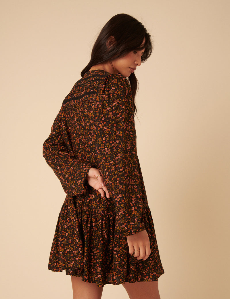 Black Ditsy Floral Long Sleeve Marley Mini Dress