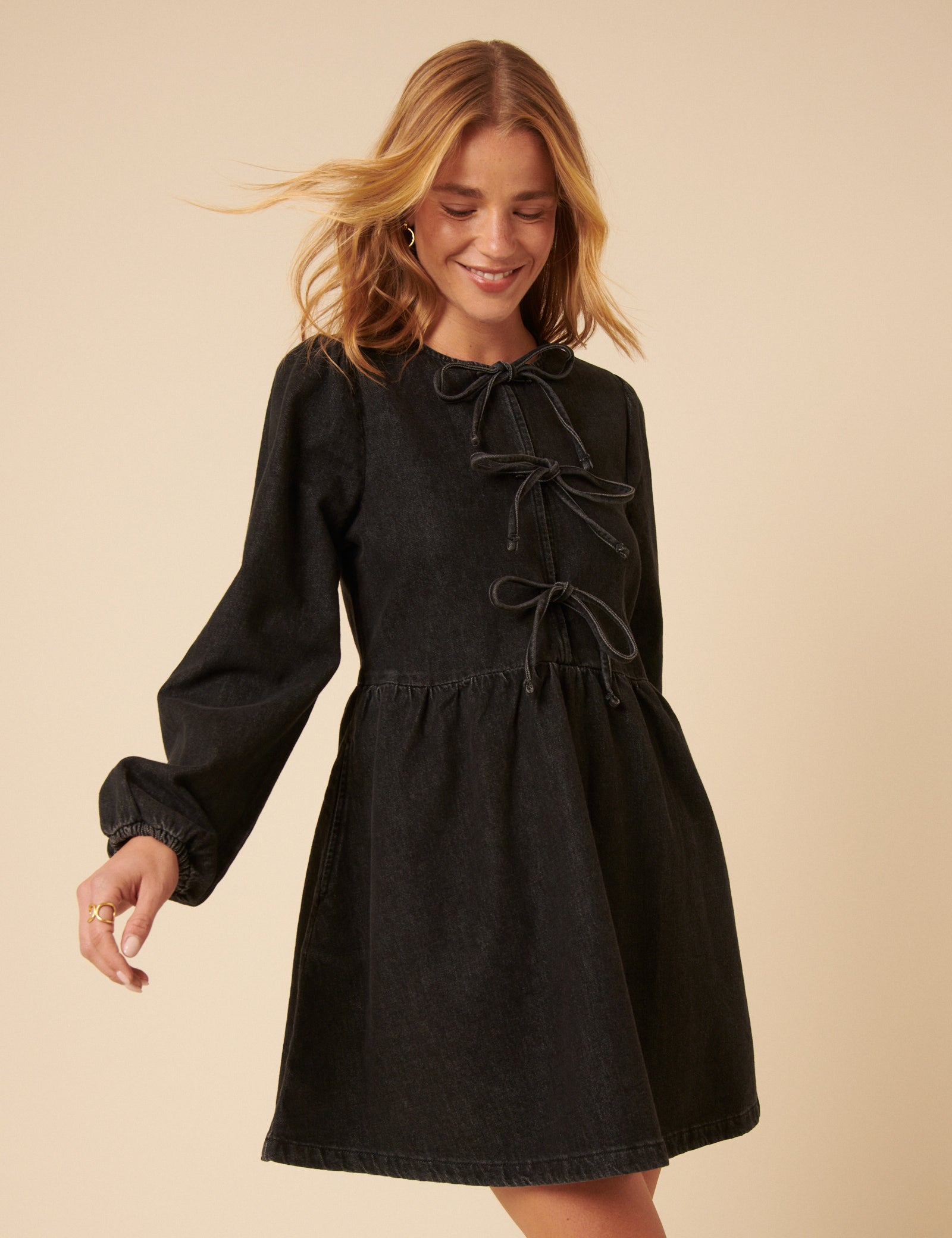 Black Denim Tie Front Eden Mini Dress Black Denim Tie Front Eden Mini Dress
