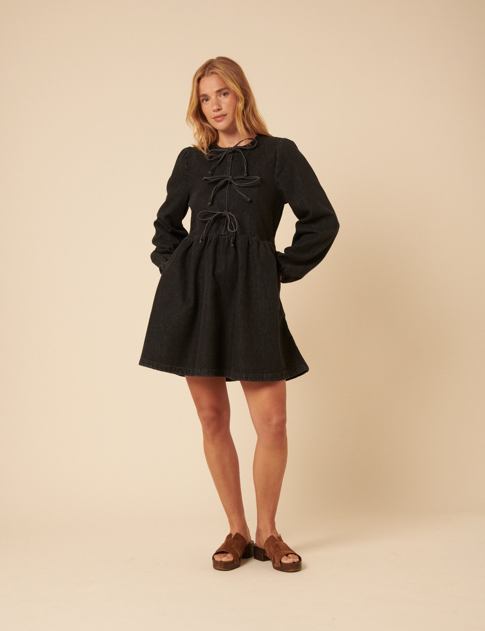 Black Denim Tie Front Eden Mini Dress Black Denim Tie Front Eden Mini Dress