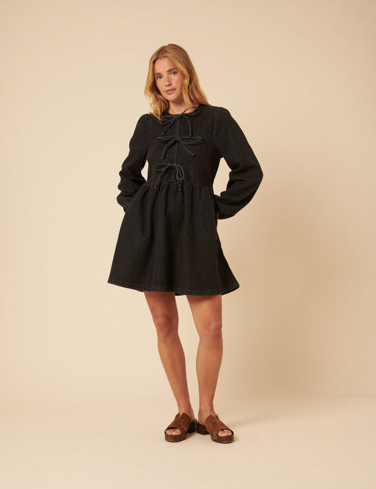 Black Denim Tie Front Eden Mini Dress Black Denim Tie Front Eden Mini Dress