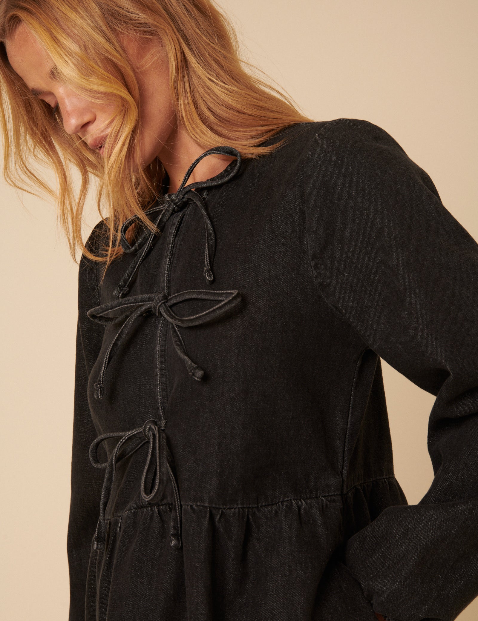 Black Denim Tie Front Eden Mini Dress Black Denim Tie Front Eden Mini Dress