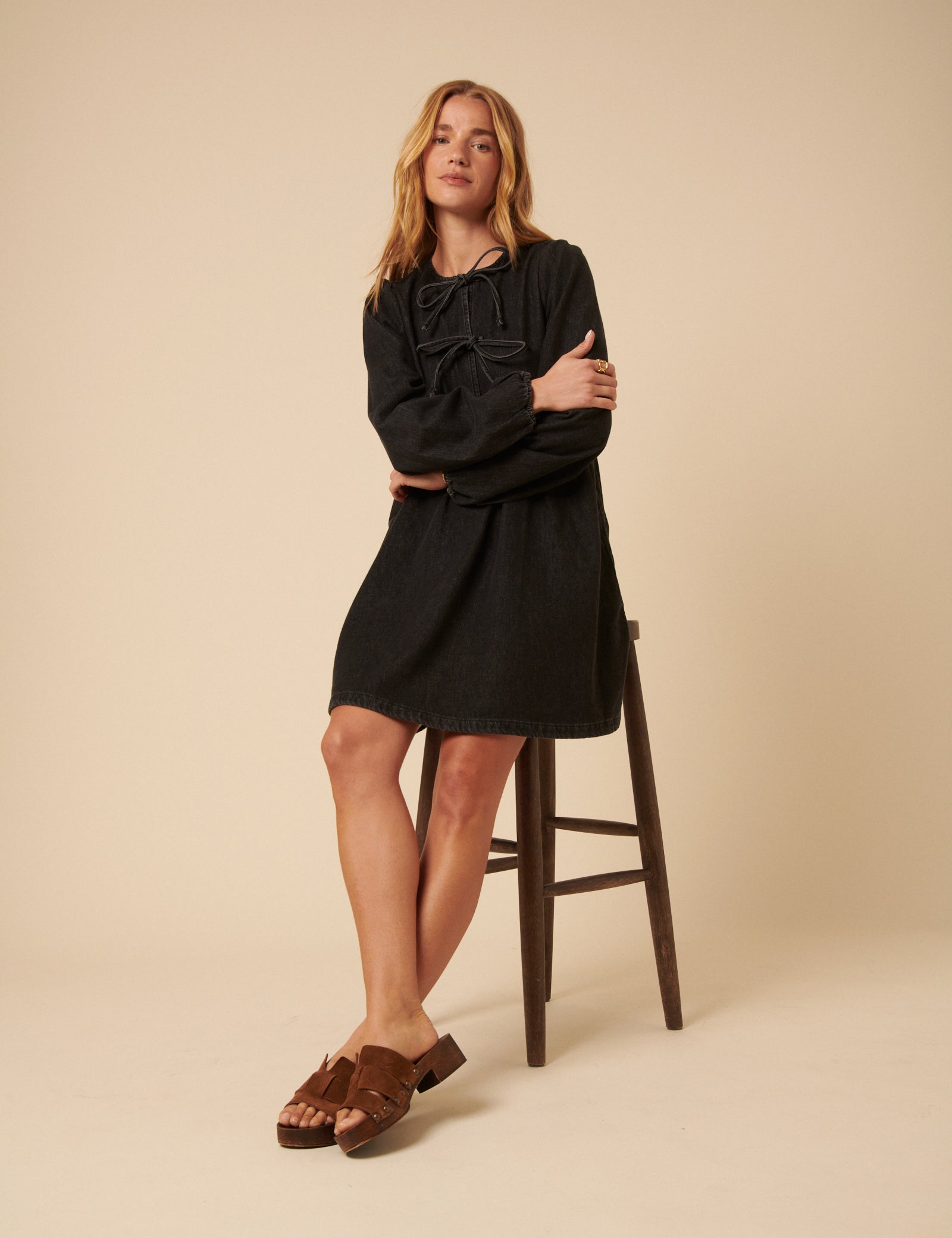 Black Denim Tie Front Eden Mini Dress Black Denim Tie Front Eden Mini Dress
