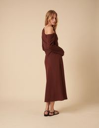 Brown Asymmetric Gathered Katty Midi Dress