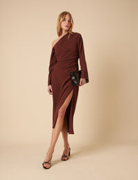 Brown Asymmetric Gathered Katty Midi Dress