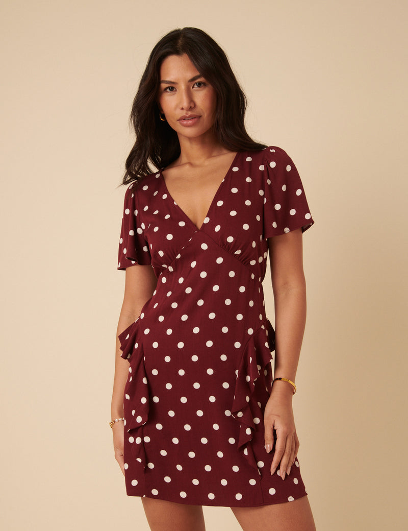Brown Polka Dot V-Neck Lydney Mini Dress