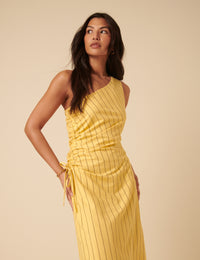 Yellow Striped One Shoulder Una Midi Dress