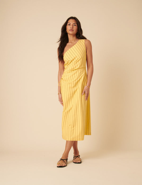 Yellow Striped One Shoulder Una Midi Dress