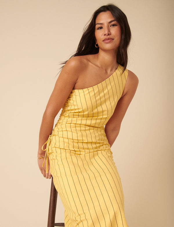 Yellow Striped One Shoulder Una Midi Dress