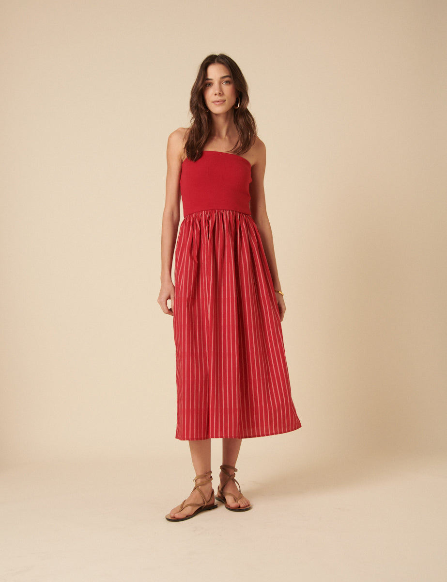 Red Bandeau Pinstripe Midi Dress Red Bandeau Pinstripe Midi Dress