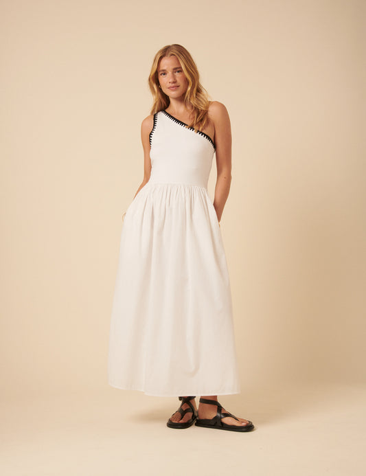 White One Shoulder Crochet Trim Sabrina Midi Dress White One Shoulder Crochet Trim Sabrina Midi Dress