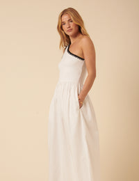 White One Shoulder Crochet Trim Sabrina Midi Dress