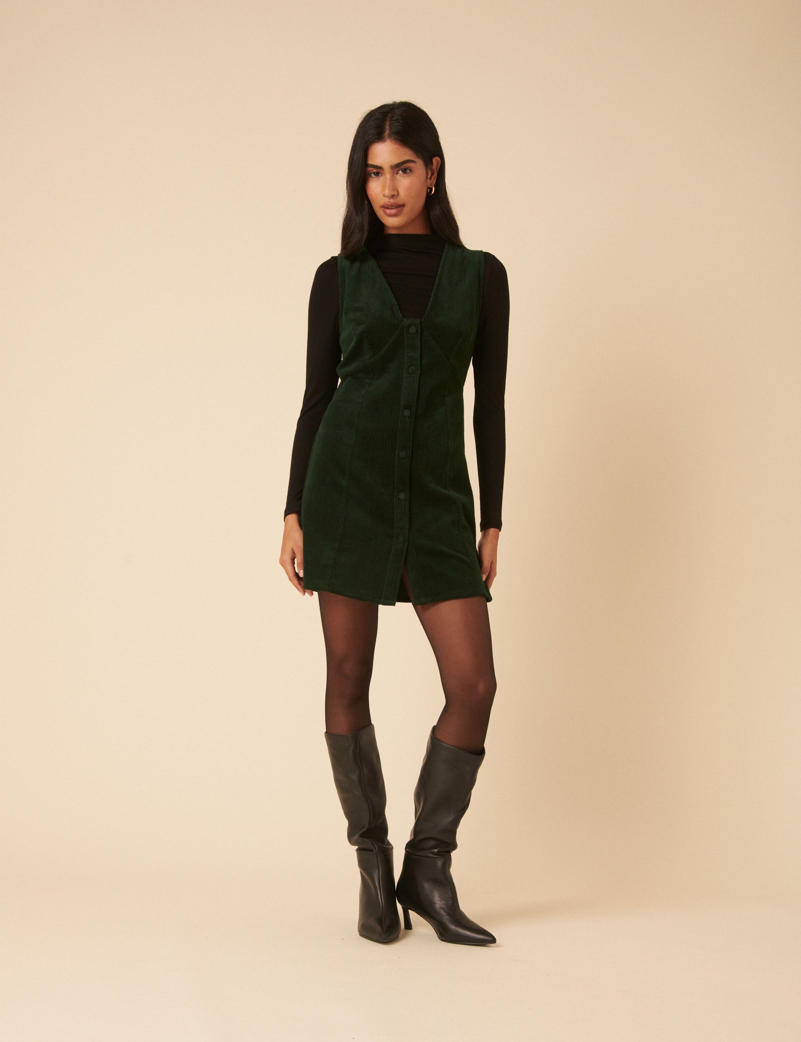 Khaki Green Cord Gianna Pinafore Mini Dress