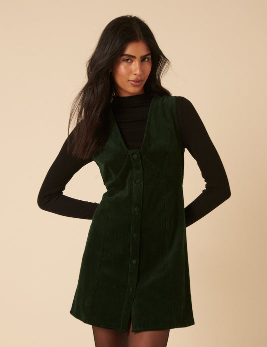 Khaki Green Cord Gianna Pinafore Mini Dress Khaki Green Cord Gianna Pinafore Mini Dress