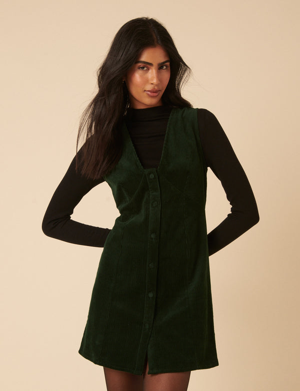 Khaki Green Cord Gianna Pinafore Mini Dress