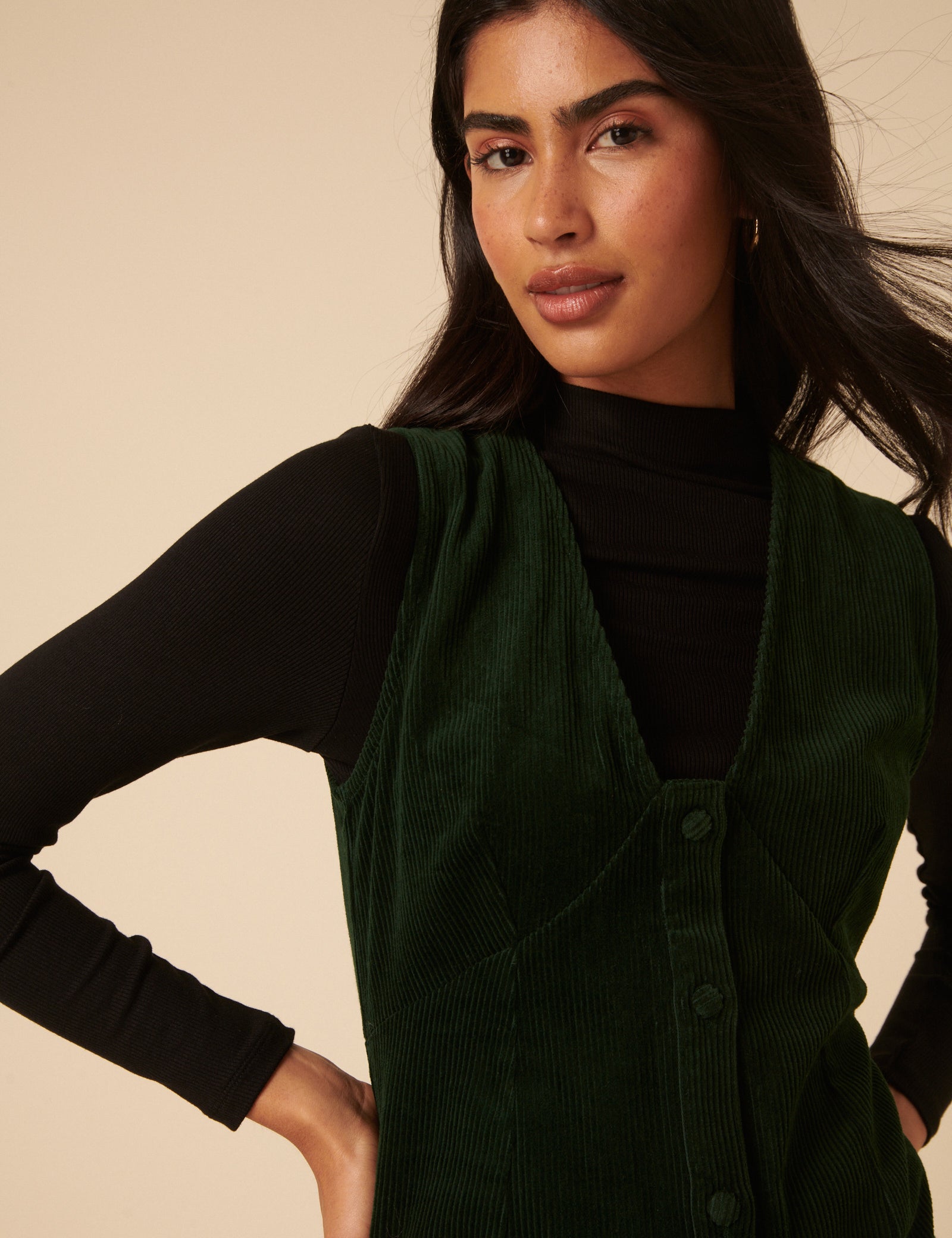 Khaki Green Cord Gianna Pinafore Mini Dress Khaki Green Cord Gianna Pinafore Mini Dress