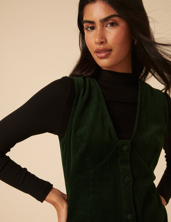 Khaki Green Cord Gianna Pinafore Mini Dress