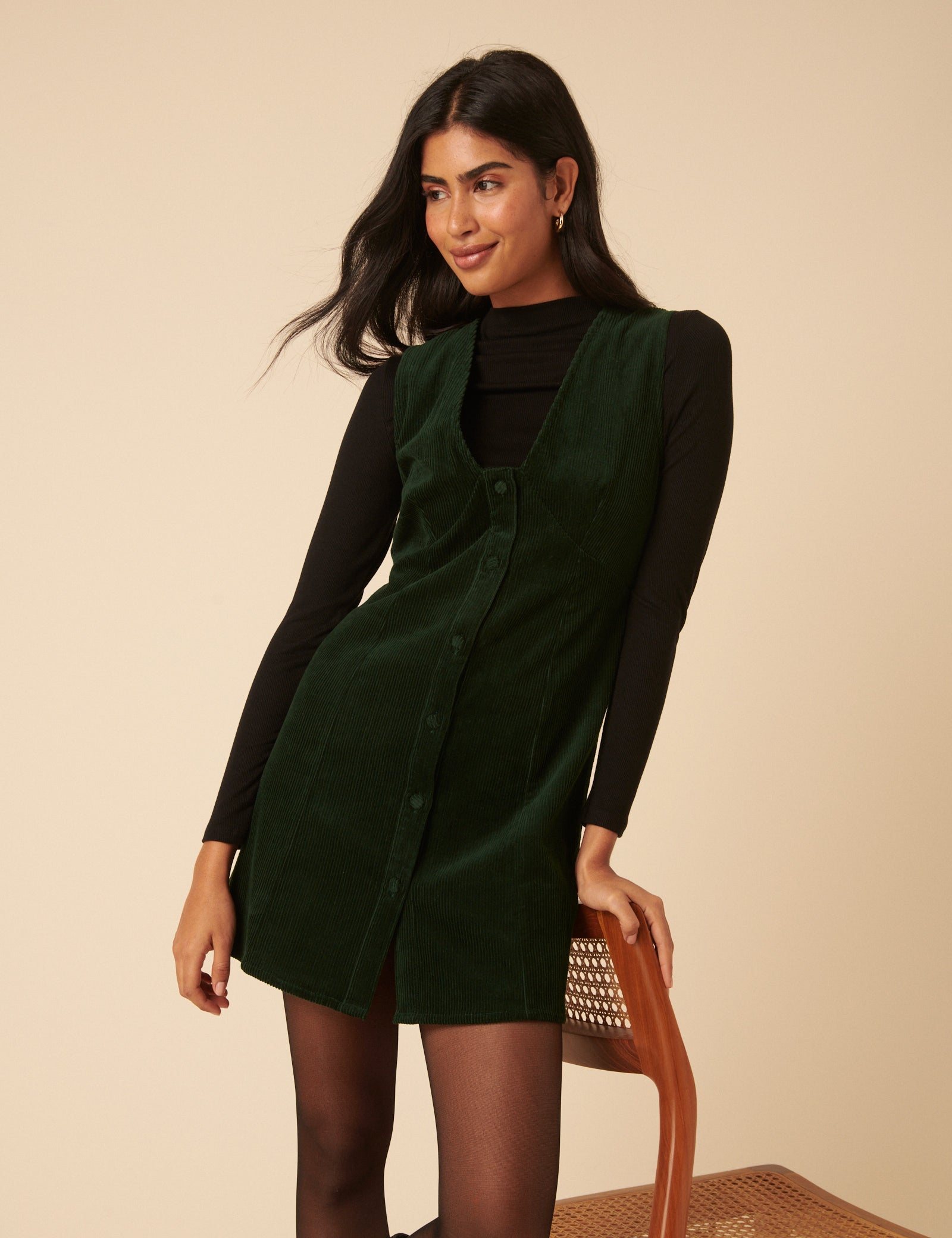 Khaki Green Cord Gianna Pinafore Mini Dress Khaki Green Cord Gianna Pinafore Mini Dress