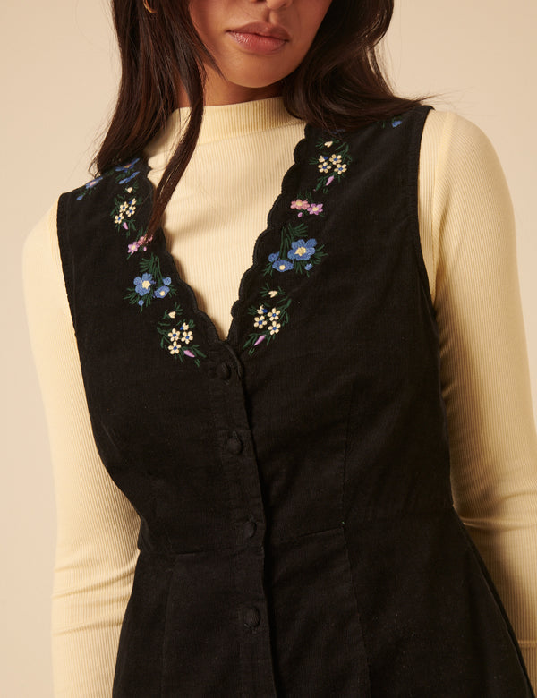 Black Embroidered Cord Leone Pinafore Mini Dress