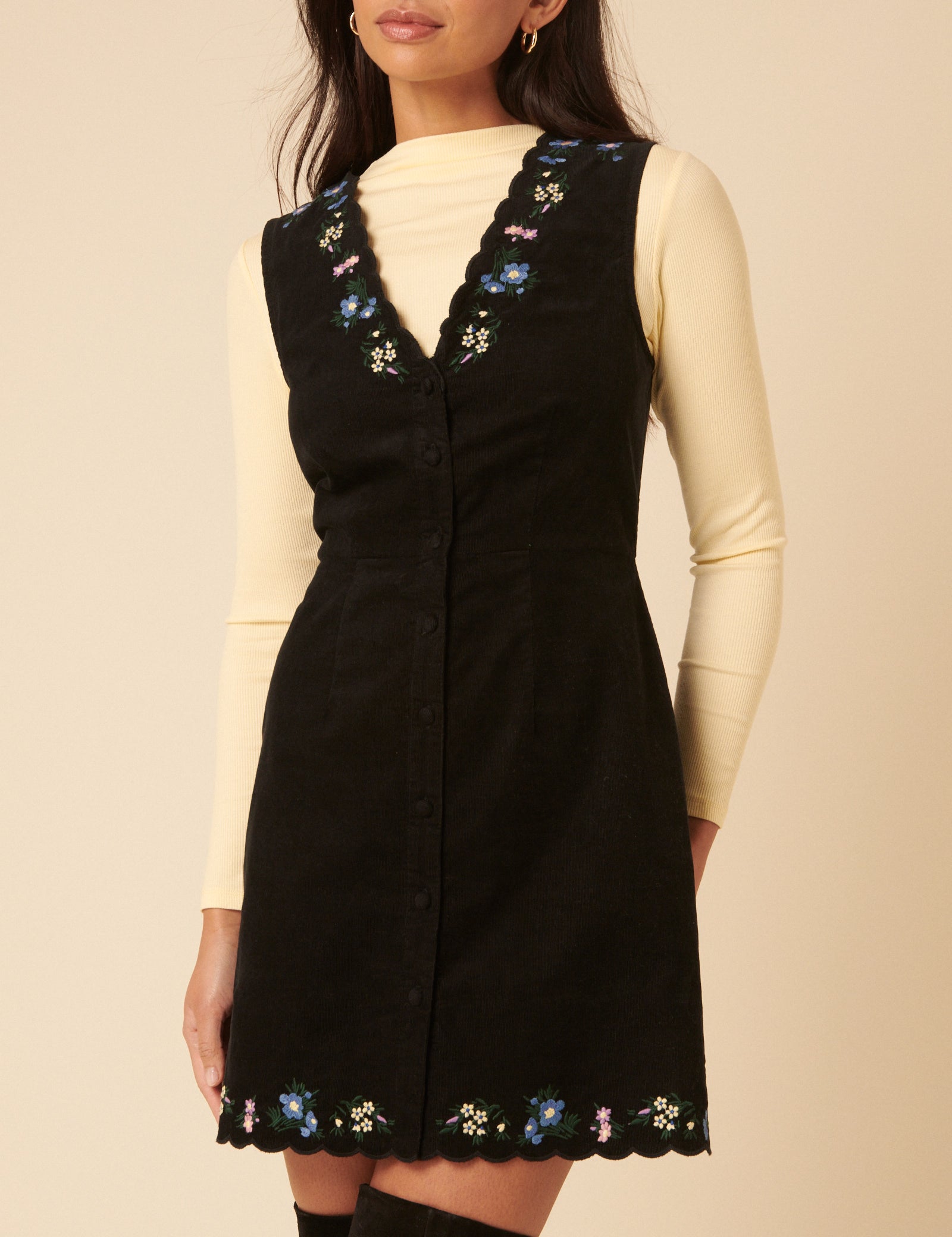 Black Embroidered Cord Leone Pinafore Mini Dress Black Embroidered Cord Leone Pinafore Mini Dress
