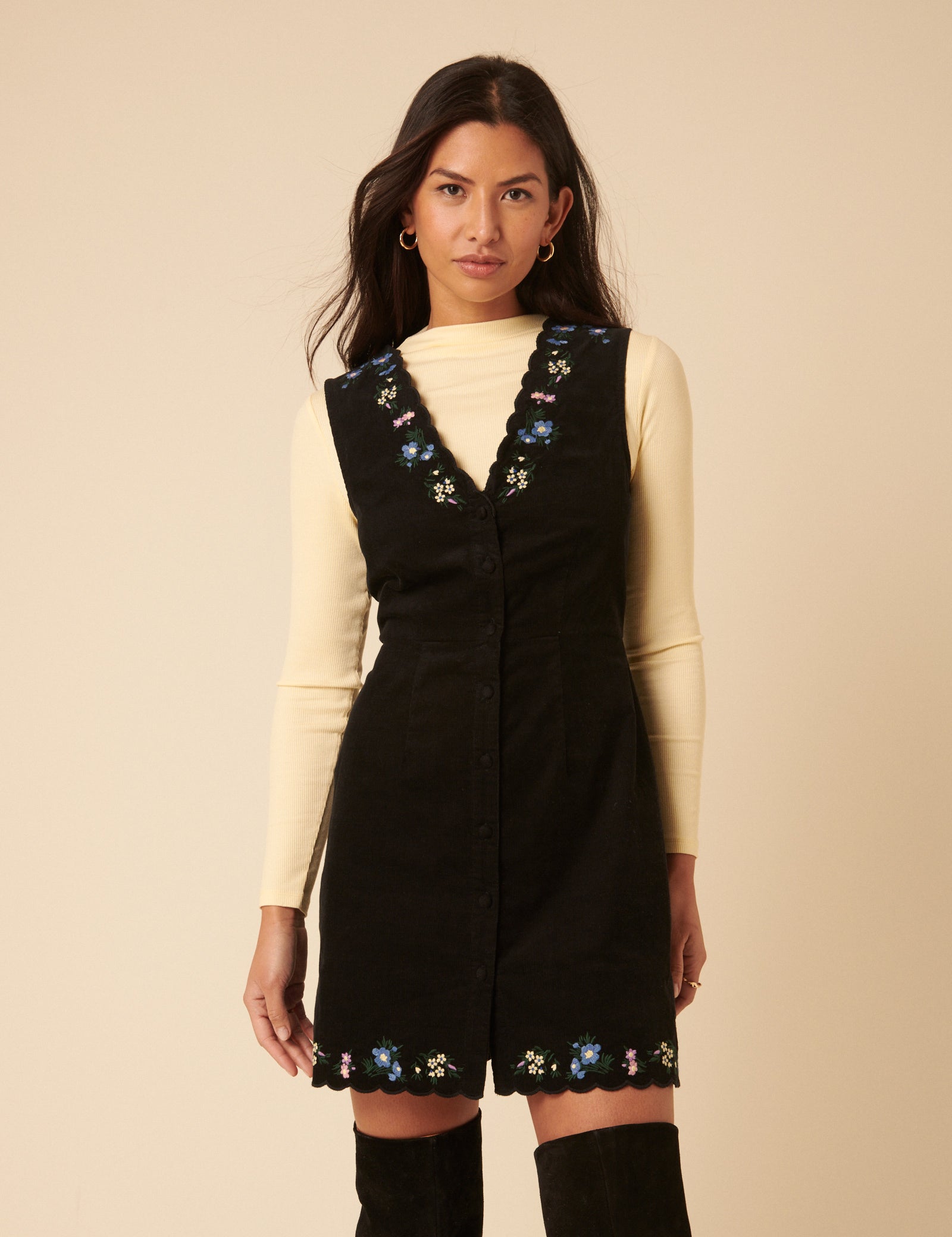 Black Embroidered Cord Leone Pinafore Mini Dress Black Embroidered Cord Leone Pinafore Mini Dress