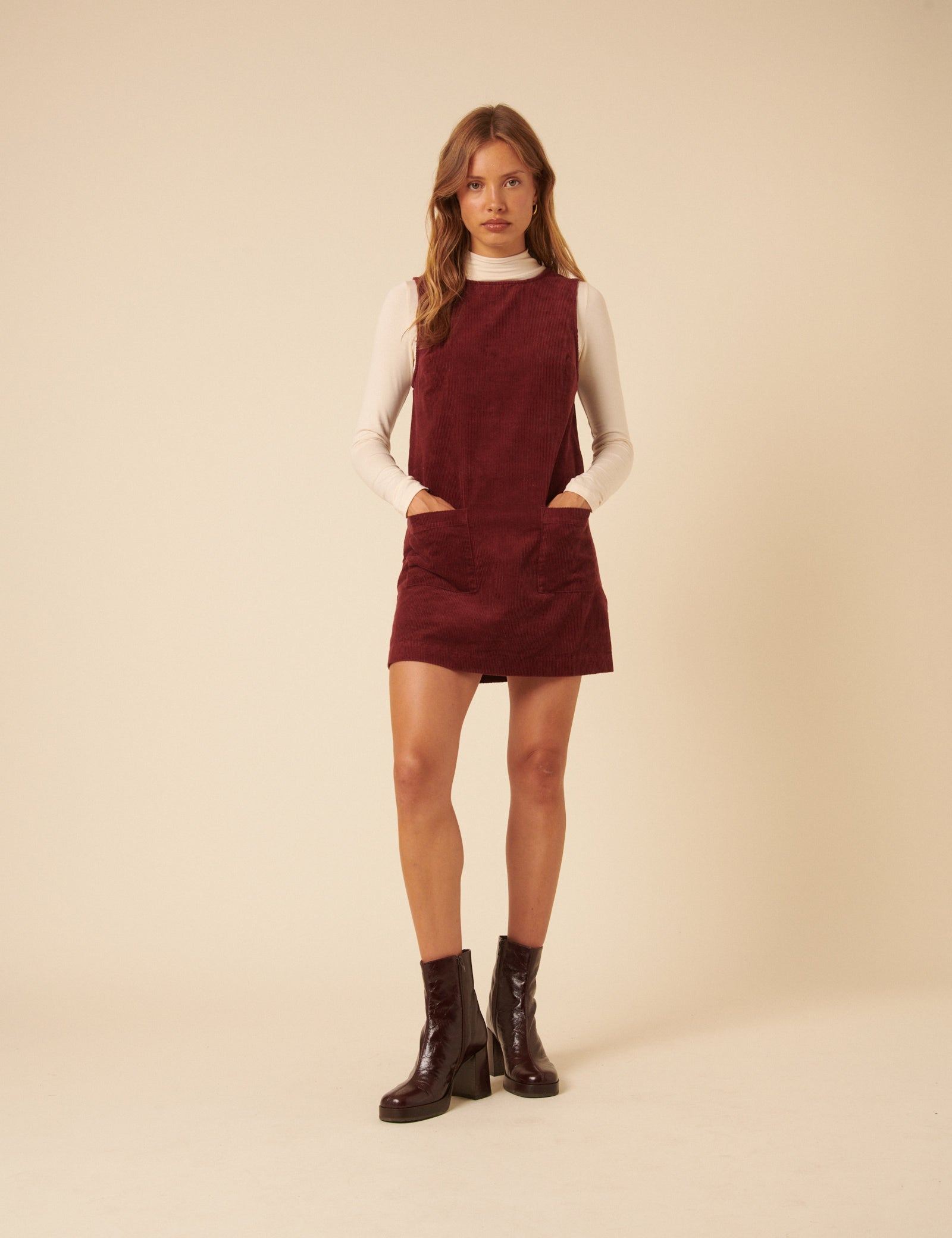 Burgundy Cord Chiara Pinafore Mini Dress Burgundy Cord Chiara Pinafore Mini Dress