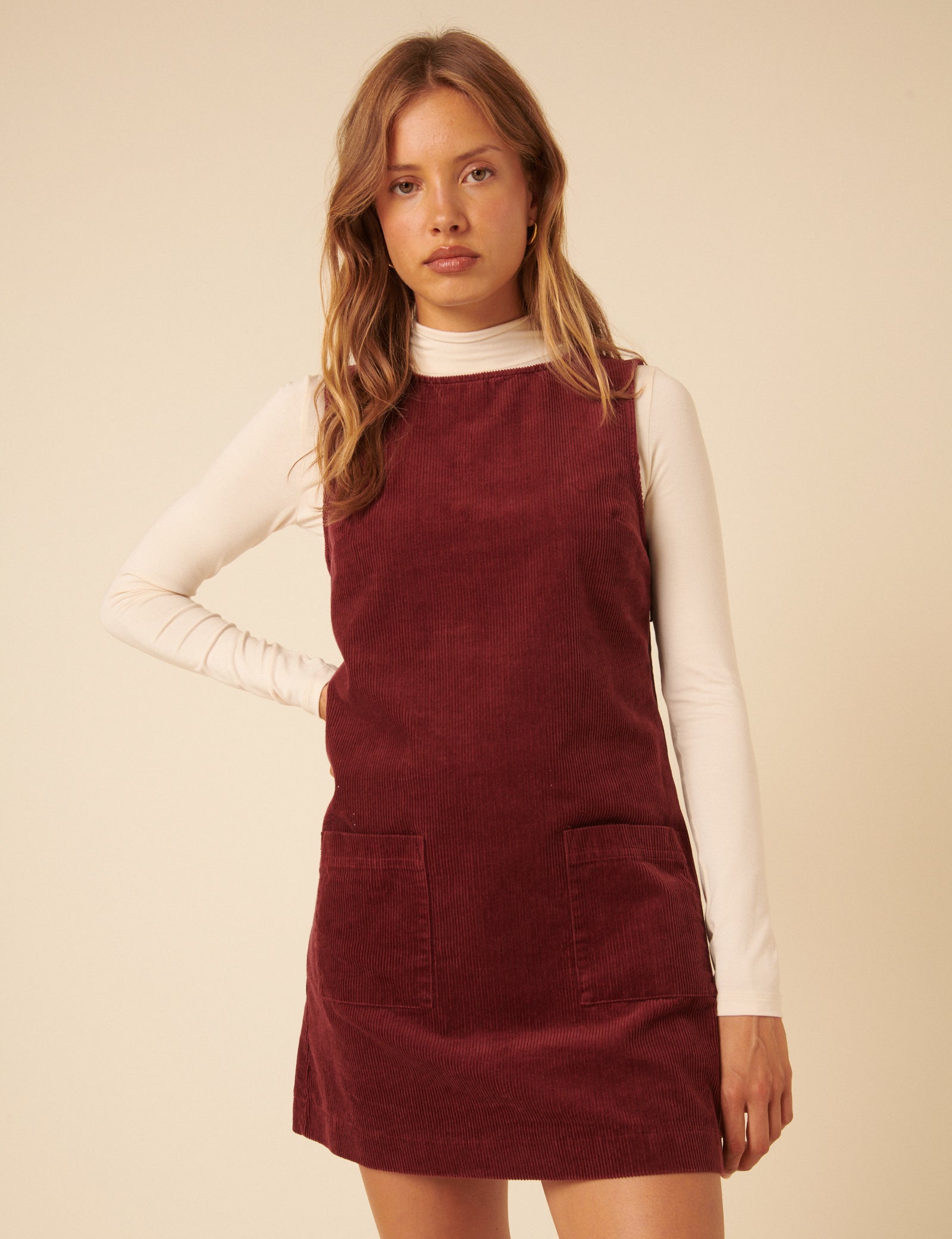 Burgundy Cord Chiara Pinafore Mini Dress Burgundy Cord Chiara Pinafore Mini Dress