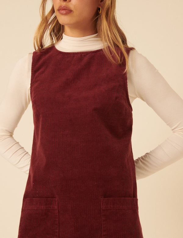 Burgundy Cord Chiara Pinafore Mini Dress