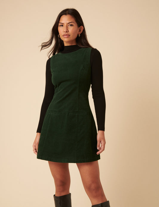 Forest Green Cord Boston Pinafore Mini Dress Forest Green Cord Boston Pinafore Mini Dress