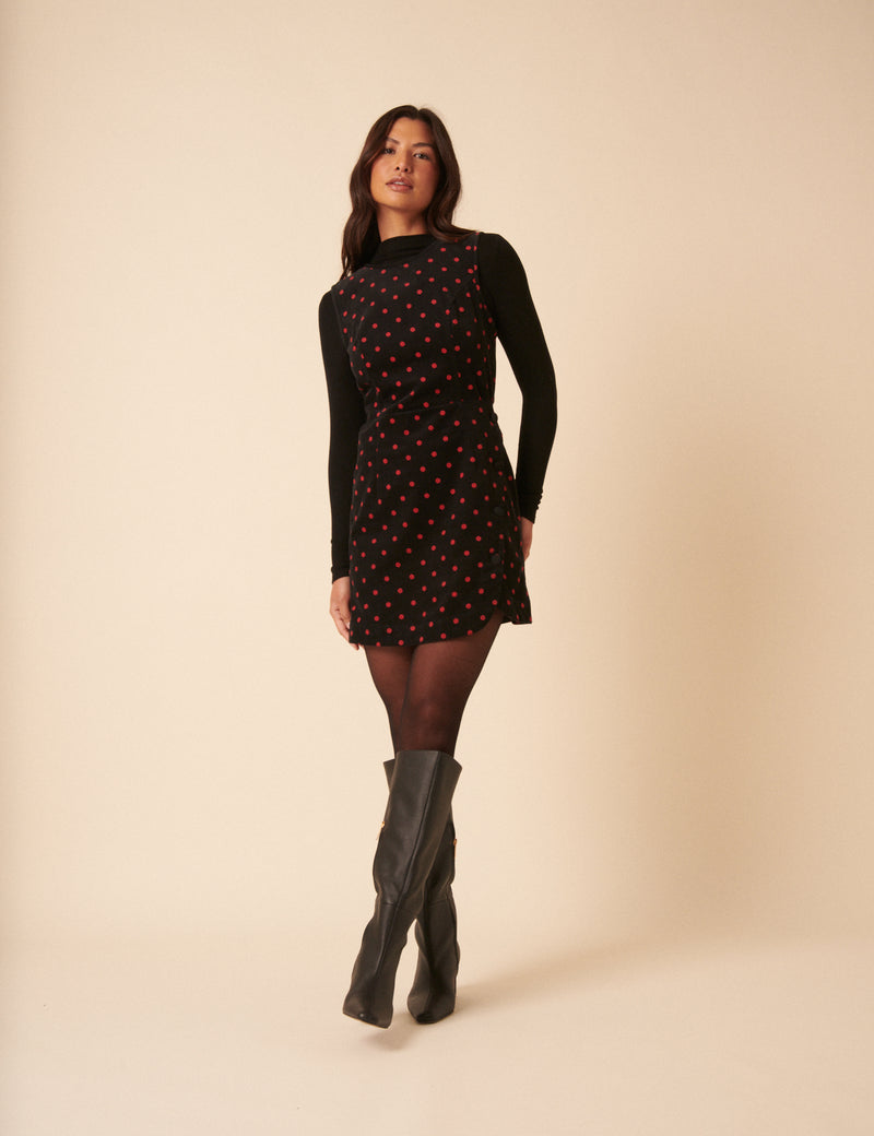 Black Cord Polka Dot Birch Mini Pinafore Dress
